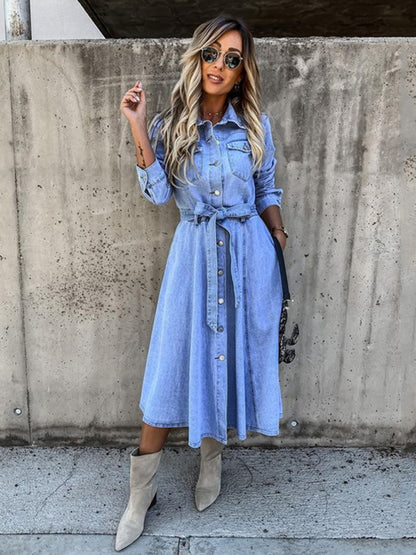 Denim Casual High Waist Pocket Lapel Dress