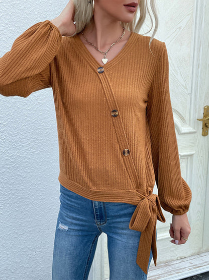 Women's casual solid color button-decorated bottoming knitted sweater