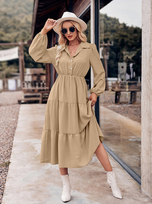 Casual Shirt Collar Button Waist Long Sleeve Dress