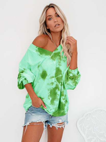 V-neck tie-dye print sexy long-sleeved women's knitted top