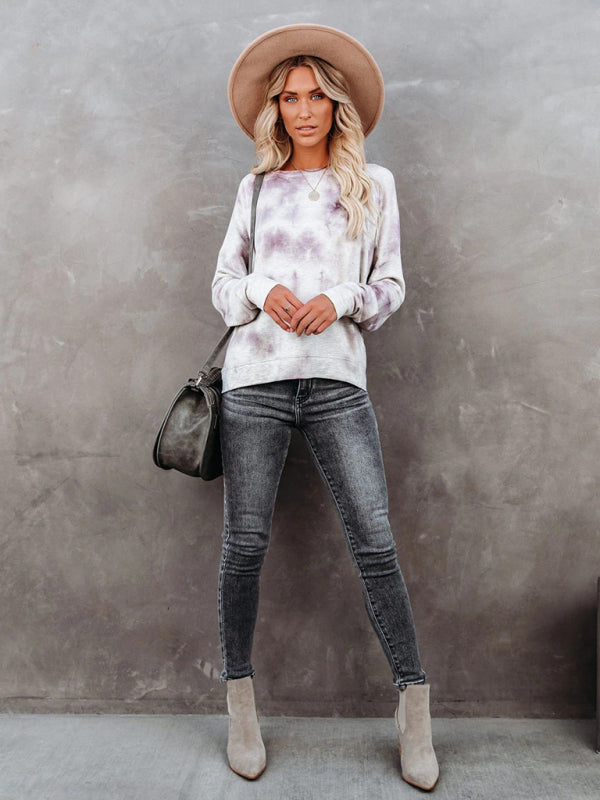 Tie-dye round neck long-sleeved casual loose women's knitted top