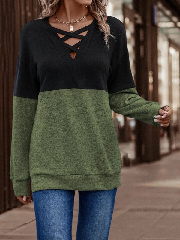 V-neck color contrast stitching dropped shoulder sleeve casual top