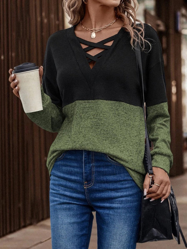 V-neck color contrast stitching dropped shoulder sleeve casual top