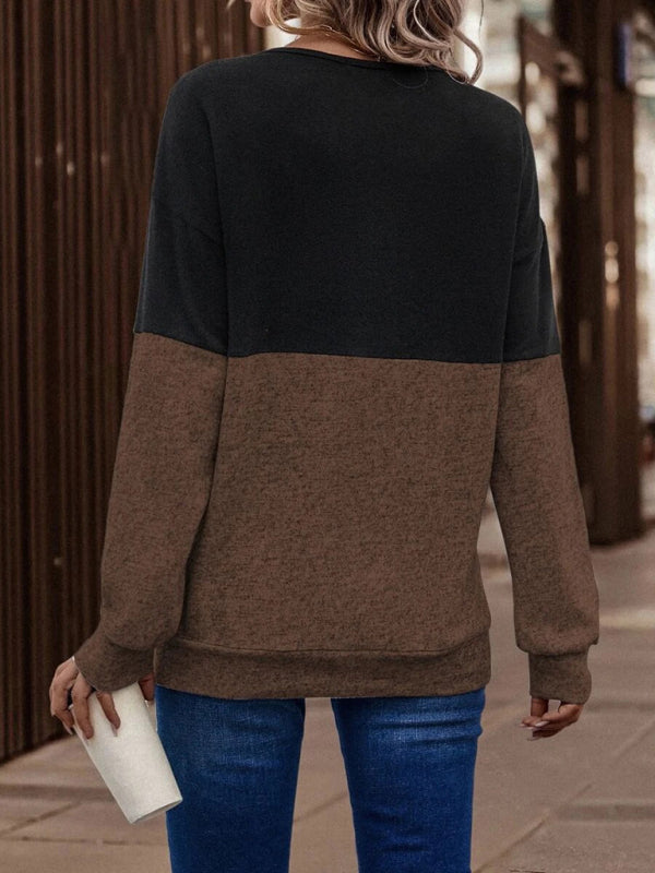 V-neck color contrast stitching dropped shoulder sleeve casual top