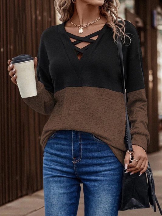 V-neck color contrast stitching dropped shoulder sleeve casual top