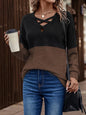 V-neck color contrast stitching dropped shoulder sleeve casual top