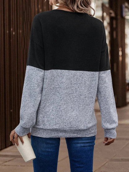 V-neck color contrast stitching dropped shoulder sleeve casual top