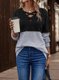 V-neck color contrast stitching dropped shoulder sleeve casual top