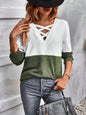 V-neck color contrast stitching dropped shoulder sleeve casual top