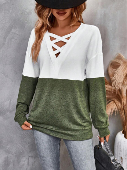 V-neck color contrast stitching dropped shoulder sleeve casual top