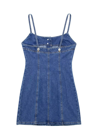 New Fashion Straight Slim Suspenders Breasted Denim Dress with Buttons