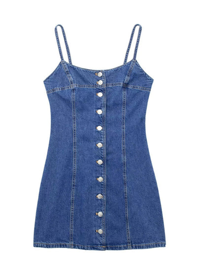 New Fashion Straight Slim Suspenders Breasted Denim Dress with Buttons