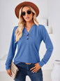 New Solid Color V Neck Button Loose Long Sleeve T-Shirt Top