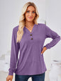 New Solid Color V Neck Button Loose Long Sleeve T-Shirt Top