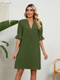 New solid color V-neck loose gathered five-quarter sleeve dress