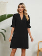 New solid color V-neck loose gathered five-quarter sleeve dress