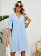 New solid color V-neck loose gathered five-quarter sleeve dress