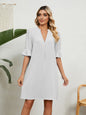 New solid color V-neck loose gathered five-quarter sleeve dress