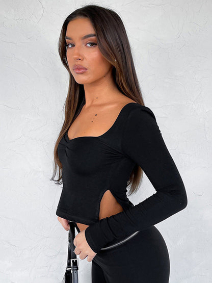 New Solid Color Square Neck Long Sleeve Gathered Side Slit Top T-Shirt