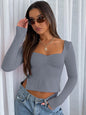 New Solid Color Square Neck Long Sleeve Gathered Side Slit Top T-Shirt