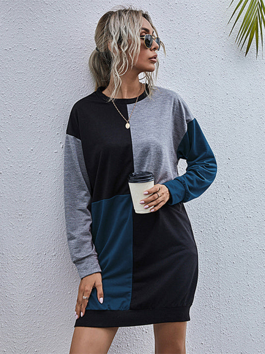 Long-sleeved color block round neck casual sweater dress