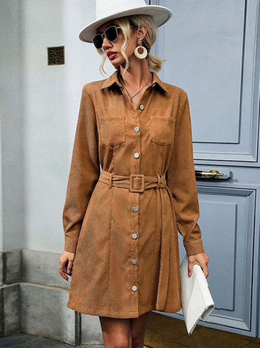 Shirt style lapel long sleeve corduroy dress