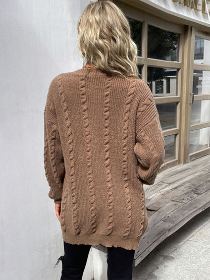 Women's Fashion Long Sleeve Solid Color Twist Sweater Cardigan