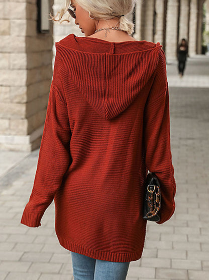 Red Long Sleeve Hooded Cardigan Jacket