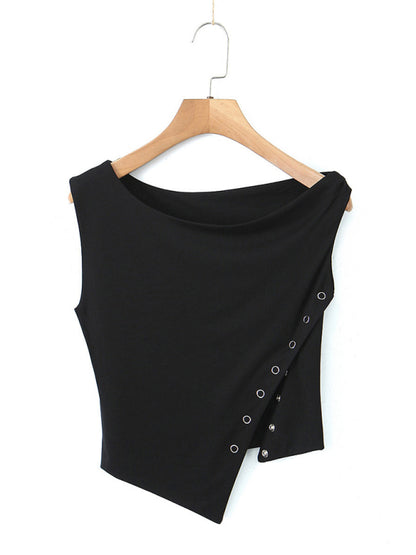 Spice Girl Sexy Slanted Shoulder Snap Button Irregular Design Casual Top Vest