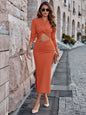 Casual round neck slim fit hollow solid color long dress