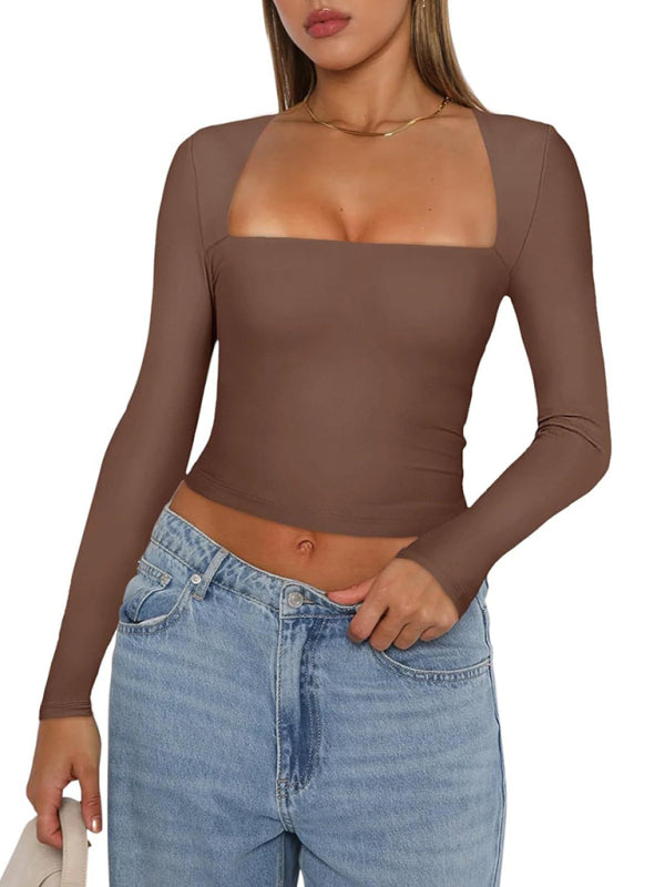 New women's long-sleeved solid color navel-baring square neck T-shirt top