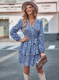 Printed V-neck tie waist long-sleeved dress