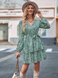 Printed V-neck tie waist long-sleeved dress