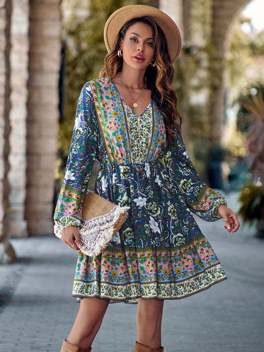 Women's V-neck printed waist long-sleeved dress