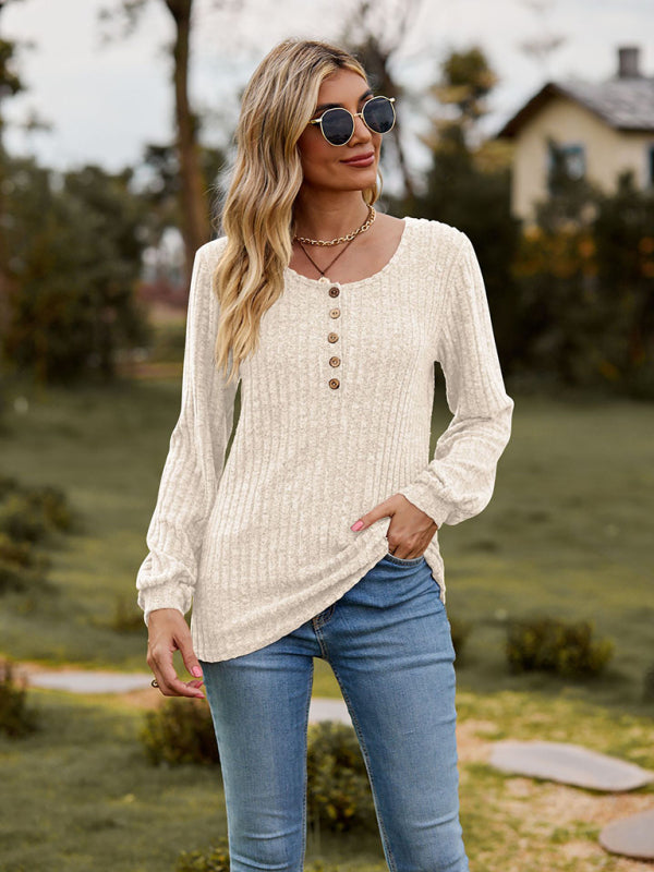 Round neck ribbed brushed solid color buttoned long-sleeved T-shirt