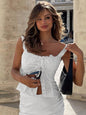 New square collar breasted strap lace top slim fit drawstring T-shirt