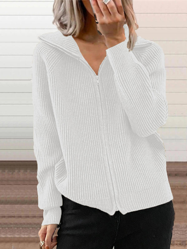 Women's loose knitted zipper long sleeve lapel cardigan