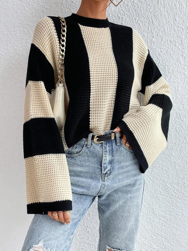 Women's tops round neck thick stitched wide striped sweater