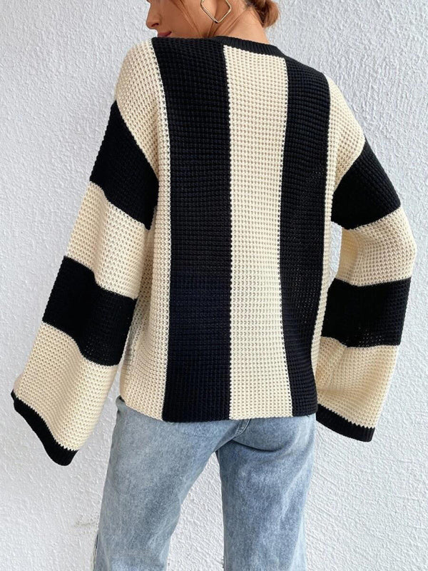 Women's tops round neck thick stitched wide striped sweater