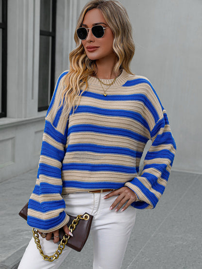 Women's loose striped round neck long sleeve pullover sweater