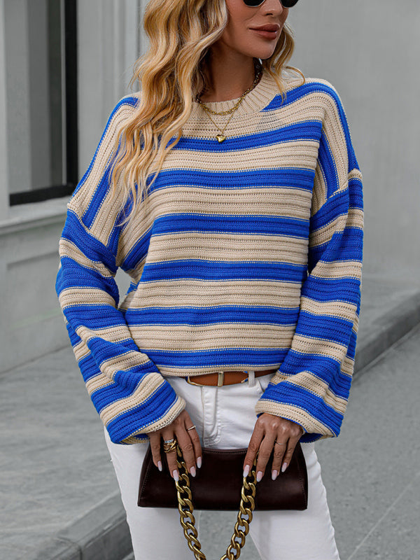 Women's loose striped round neck long sleeve pullover sweater