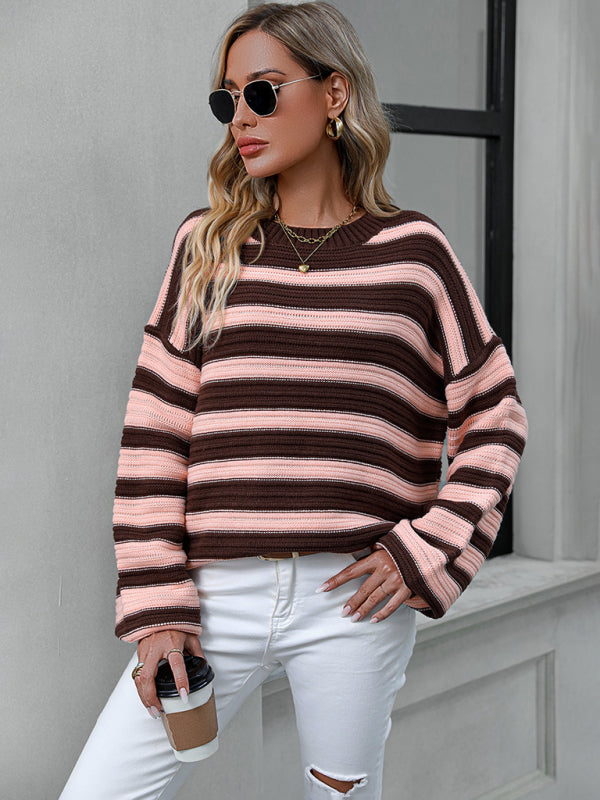 Women's loose striped round neck long sleeve pullover sweater