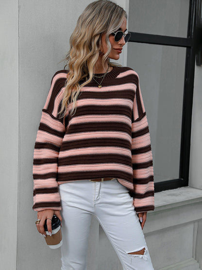 Women's loose striped round neck long sleeve pullover sweater