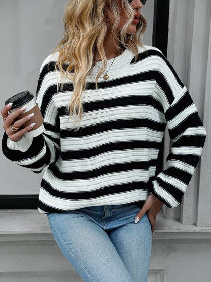 Women's loose striped round neck long sleeve pullover sweater