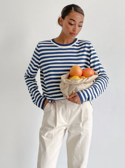 Women's loose striped round neck long sleeve pullover sweater