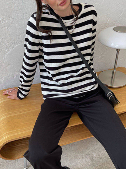 Women's loose striped round neck long sleeve pullover sweater