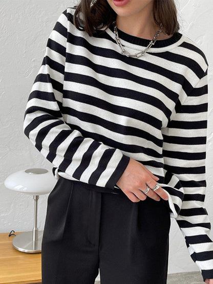 Women's loose striped round neck long sleeve pullover sweater