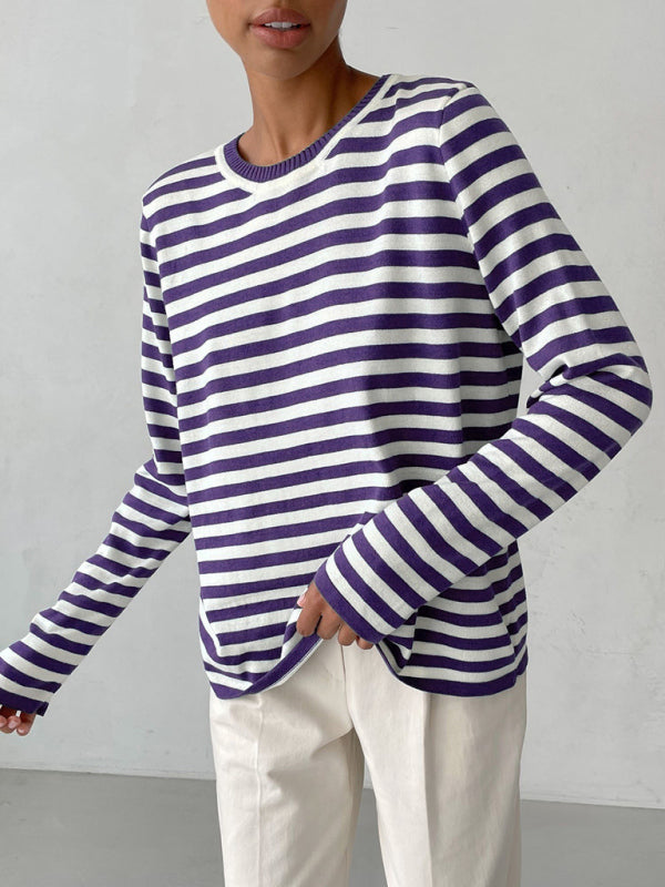 Women's loose striped round neck long sleeve pullover sweater