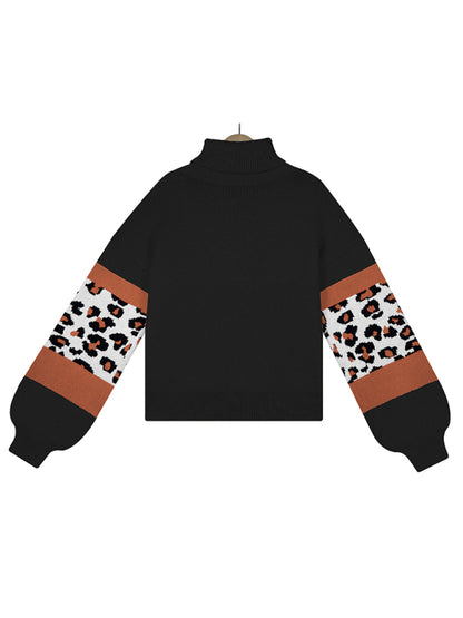 Women's loose turtleneck long sleeve leopard print sweater