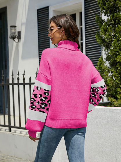 Women's loose turtleneck long sleeve leopard print sweater